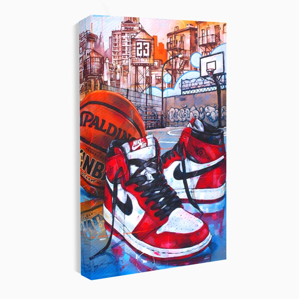 Tablou canvas cu tablou canvas cu adidasi si baschet, fara rama, pe sasiu de lemn